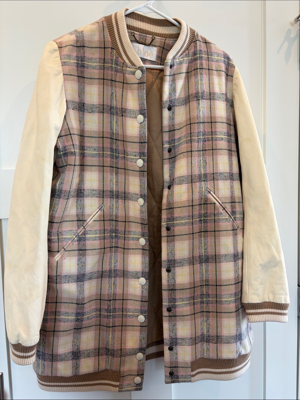 SEE PHOTOS:AS-IS Chloé Plaid Wool-Blend Bomber Jacket with Cream Leather Sleeves